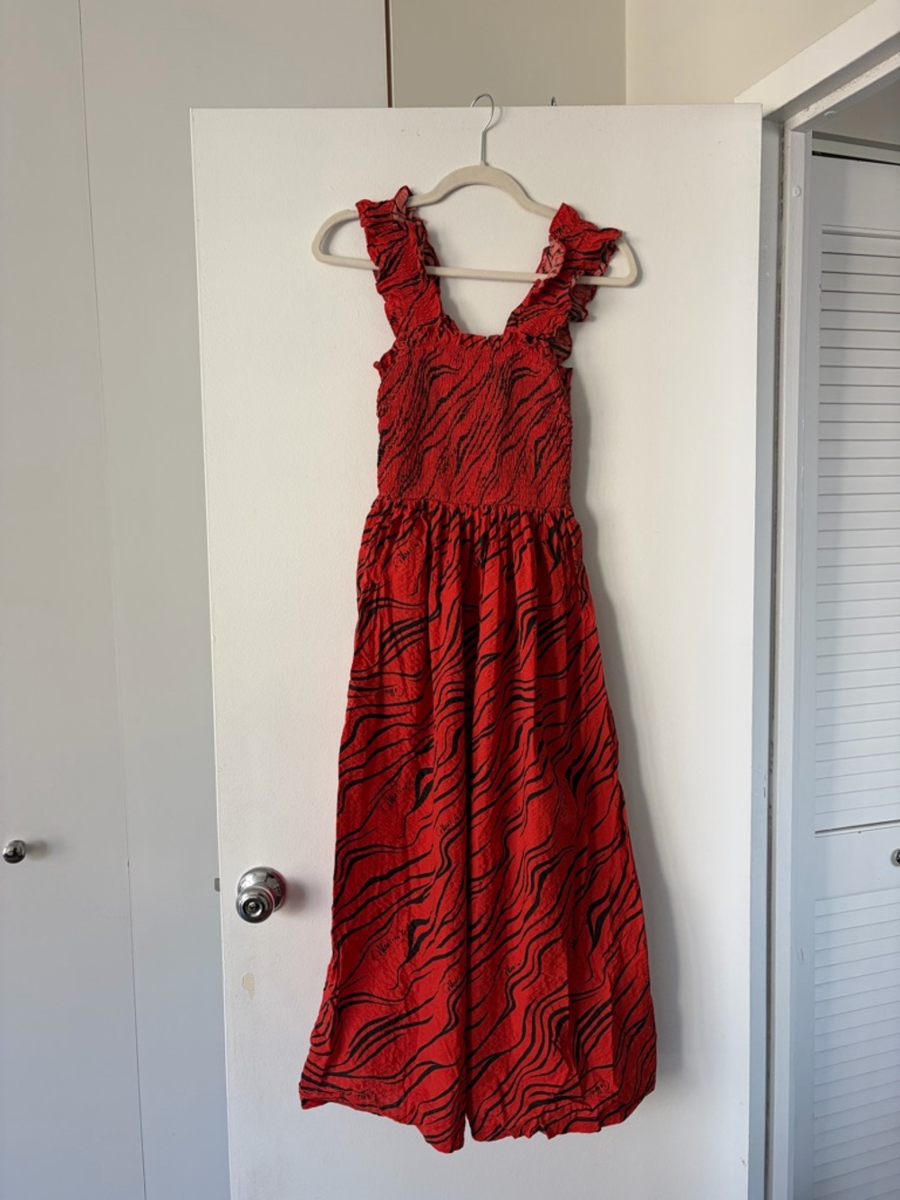 Red Smocked Midi Dress in zebra print
